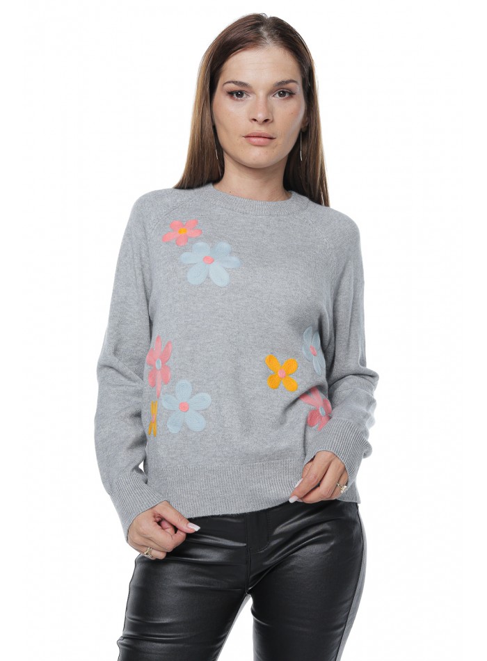 Pulover cu flori, din amestec de casmir si lana, gri